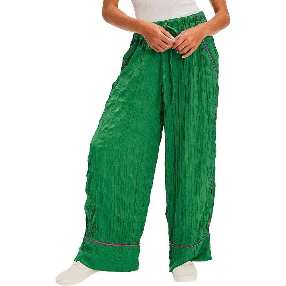 NWT Free People Emerald Green Crinkle Wide Leg Pants Size S